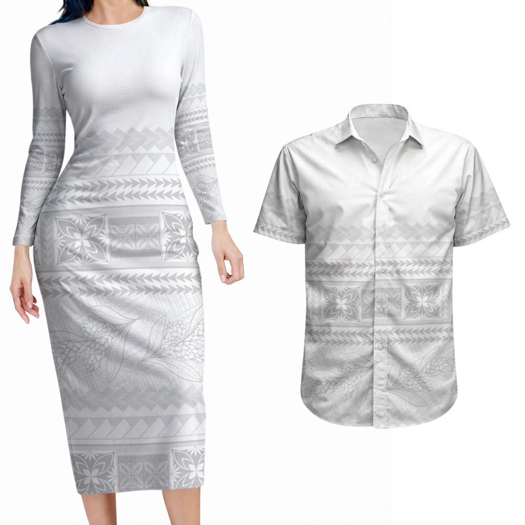 Samoa White Sunday Couples Matching Long Sleeve Bodycon Dress and Hawaiian Shirt Lotu Tamaiti Samoan Siapo Teuila Flowers LT14 White - Polynesian Pride