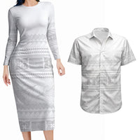 Samoa White Sunday Couples Matching Long Sleeve Bodycon Dress and Hawaiian Shirt Lotu Tamaiti Samoan Siapo Teuila Flowers LT14 White - Polynesian Pride