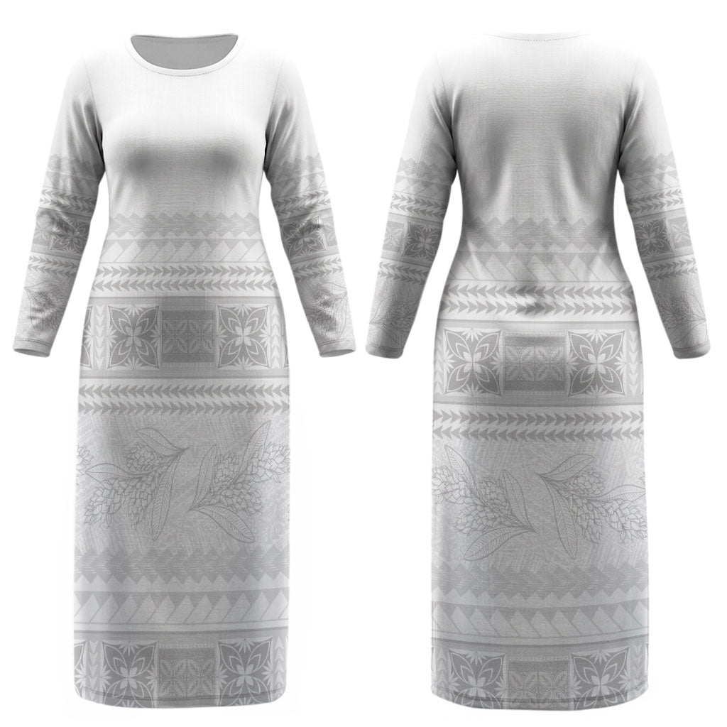 Samoa White Sunday Couples Matching Long Sleeve Bodycon Dress and Hawaiian Shirt Lotu Tamaiti Samoan Siapo Teuila Flowers LT14 - Polynesian Pride
