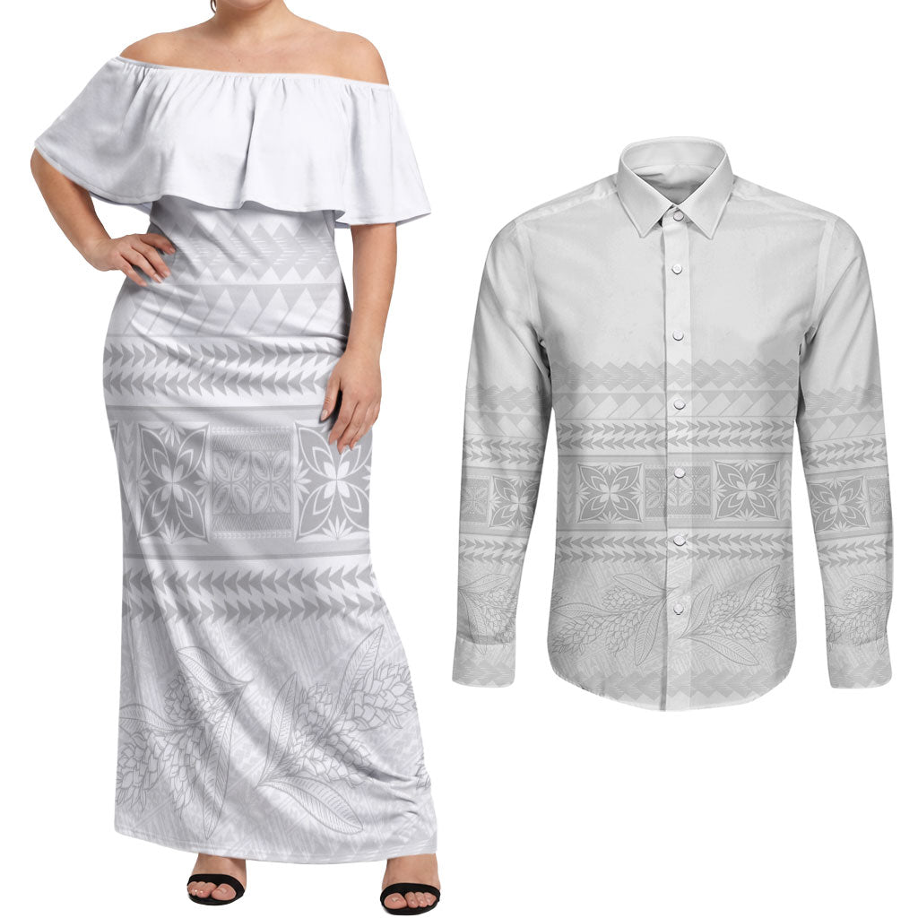 Samoa White Sunday Couples Matching Off Shoulder Maxi Dress and Long Sleeve Button Shirt Lotu Tamaiti Samoan Siapo Teuila Flowers LT14 White - Polynesian Pride