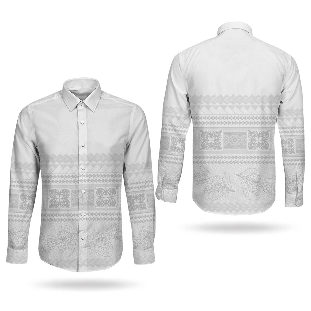 Samoa White Sunday Couples Matching Off Shoulder Maxi Dress and Long Sleeve Button Shirt Lotu Tamaiti Samoan Siapo Teuila Flowers LT14 - Polynesian Pride