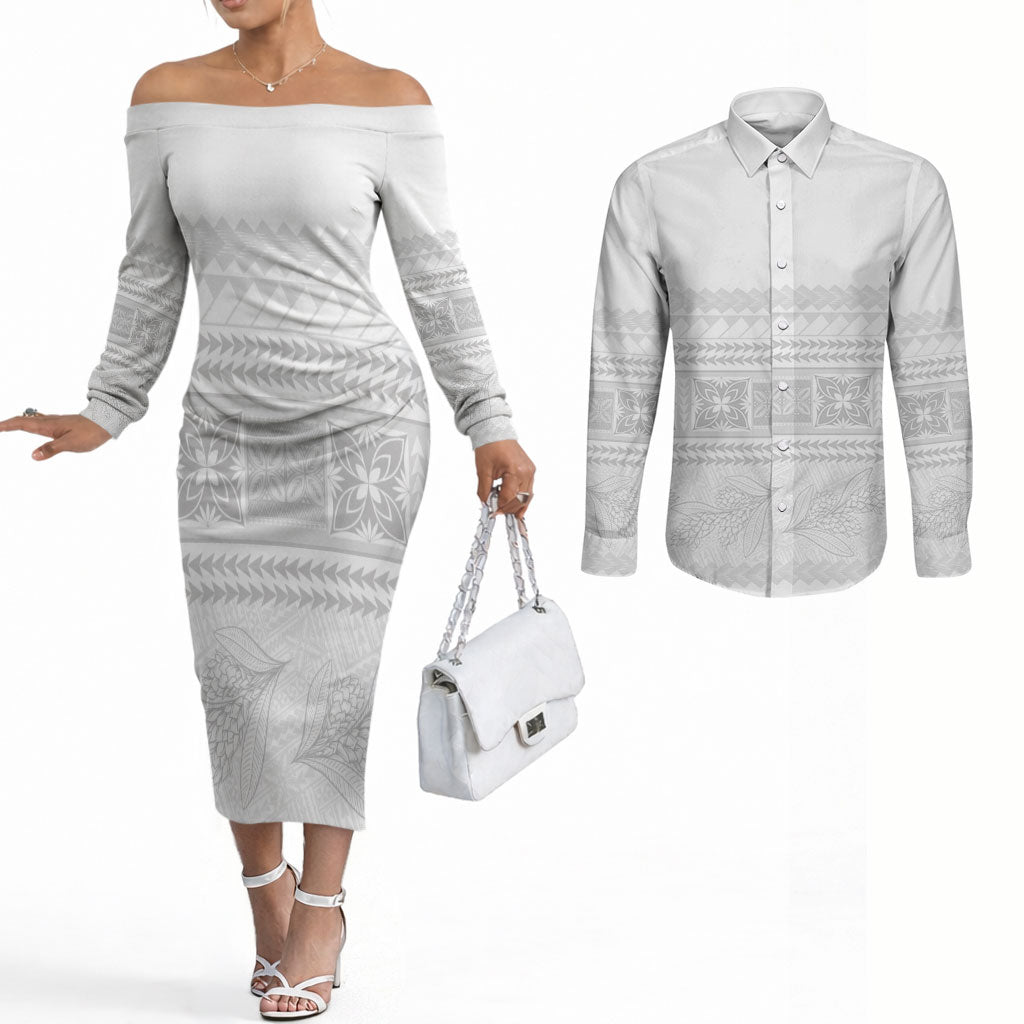 Samoa White Sunday Couples Matching Off The Shoulder Long Sleeve Dress and Long Sleeve Button Shirt Lotu Tamaiti Samoan Siapo Teuila Flowers LT14 White - Polynesian Pride