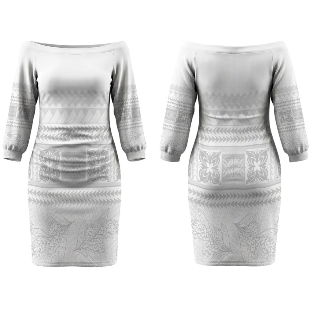 Samoa White Sunday Couples Matching Off The Shoulder Long Sleeve Dress and Long Sleeve Button Shirt Lotu Tamaiti Samoan Siapo Teuila Flowers LT14 - Polynesian Pride
