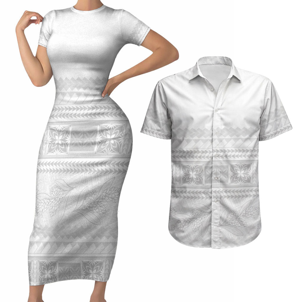 Samoa White Sunday Couples Matching Short Sleeve Bodycon Dress and Hawaiian Shirt Lotu Tamaiti Samoan Siapo Teuila Flowers LT14 White - Polynesian Pride