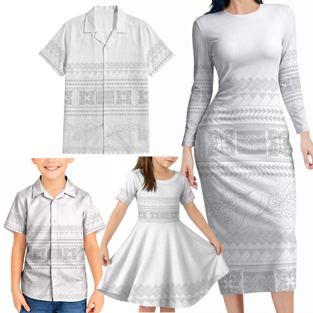 Samoa White Sunday Family Matching Long Sleeve Bodycon Dress and Hawaiian Shirt Lotu Tamaiti Samoan Siapo Teuila Flowers LT14 - Polynesian Pride