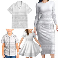 Samoa White Sunday Family Matching Long Sleeve Bodycon Dress and Hawaiian Shirt Lotu Tamaiti Samoan Siapo Teuila Flowers LT14 - Polynesian Pride