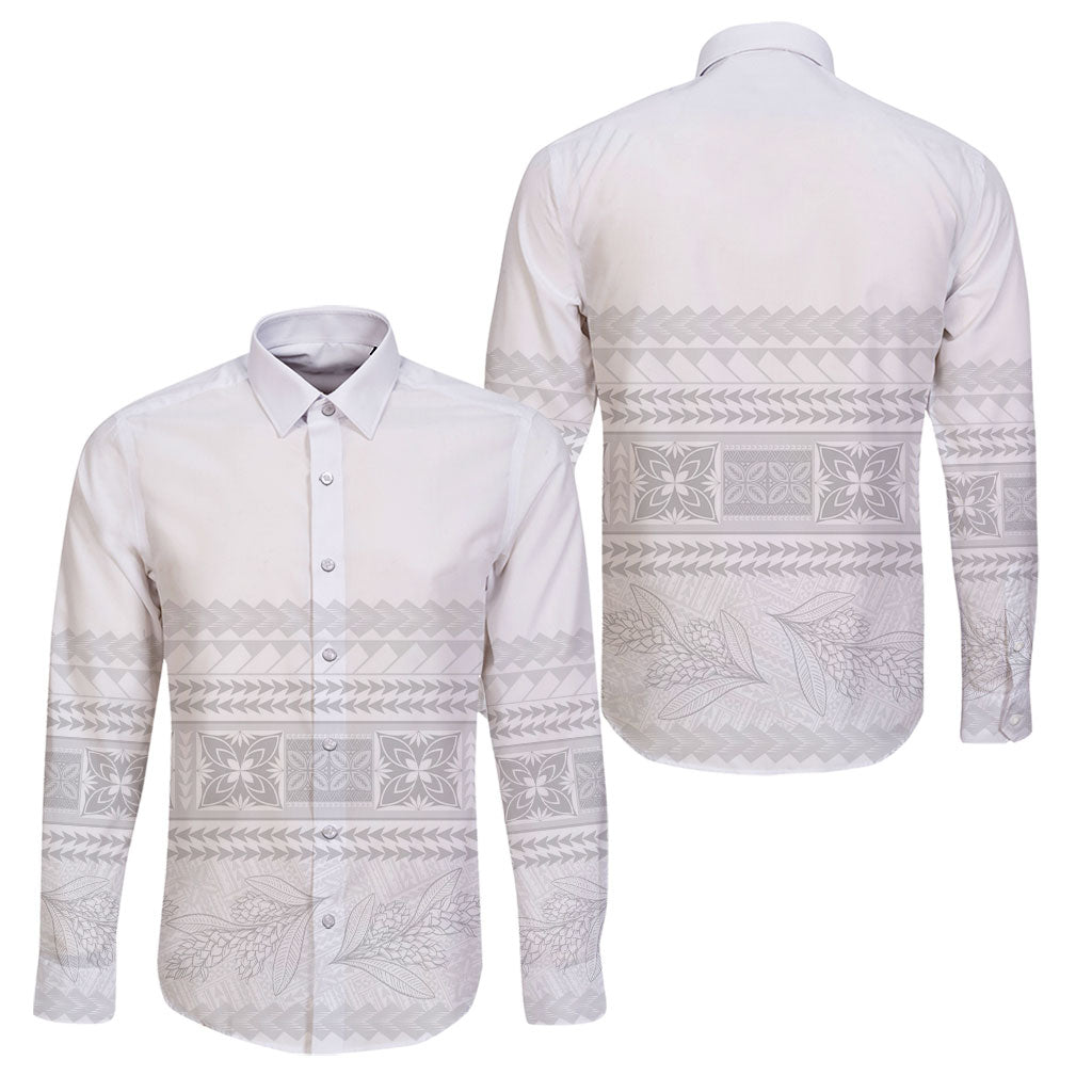 Samoa White Sunday Family Matching Long Sleeve Bodycon Dress and Hawaiian Shirt Lotu Tamaiti Samoan Siapo Teuila Flowers LT14 Dad's Shirt - Long Sleeve White - Polynesian Pride