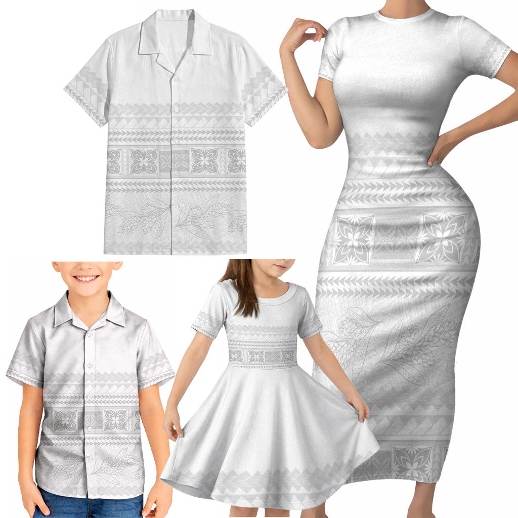 Samoa White Sunday Family Matching Short Sleeve Bodycon Dress and Hawaiian Shirt Lotu Tamaiti Samoan Siapo Teuila Flowers LT14 - Polynesian Pride
