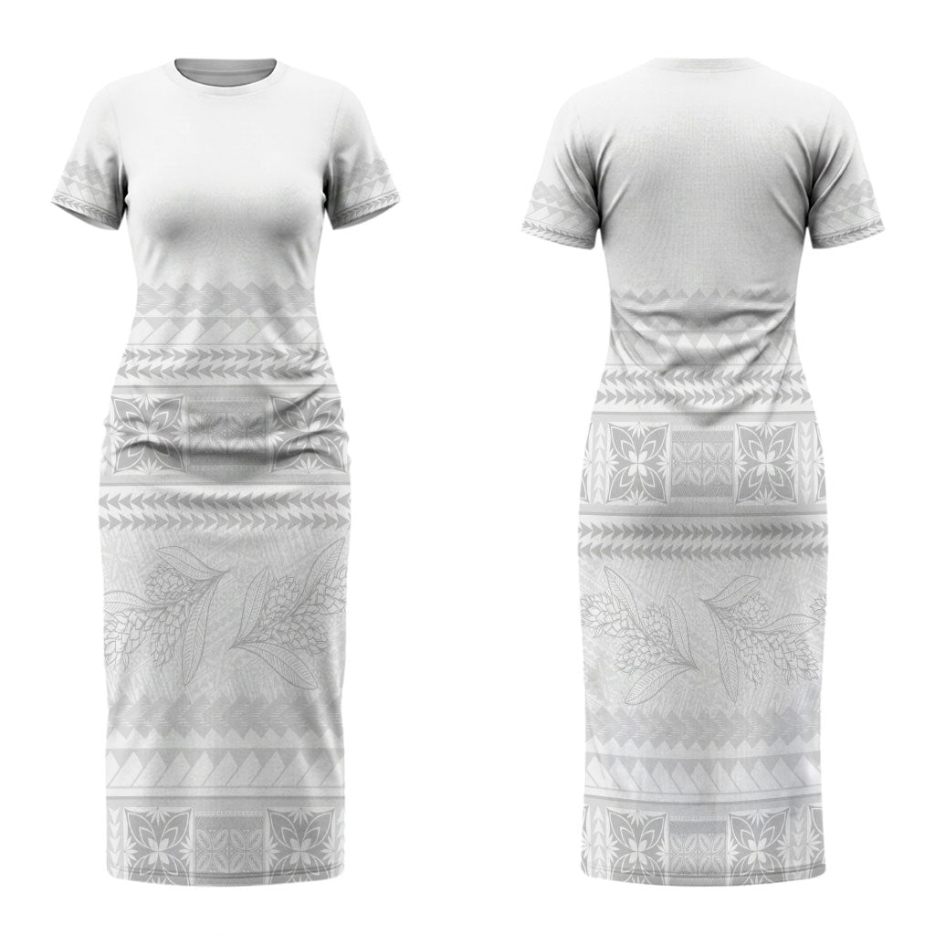 Samoa White Sunday Family Matching Short Sleeve Bodycon Dress and Hawaiian Shirt Lotu Tamaiti Samoan Siapo Teuila Flowers LT14 Mom's Dress White - Polynesian Pride