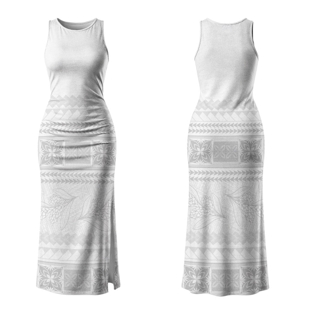 Samoa White Sunday Family Matching Tank Maxi Dress and Hawaiian Shirt Lotu Tamaiti Samoan Siapo Teuila Flowers LT14 Mom's Dress White - Polynesian Pride