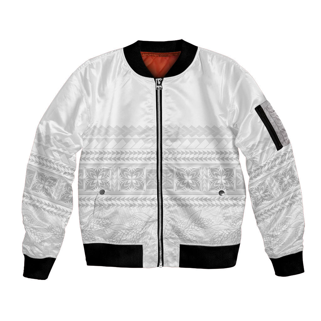 Samoa White Sunday Sleeve Zip Bomber Jacket Lotu Tamaiti Samoan Siapo Teuila Flowers LT14 Unisex White - Polynesian Pride