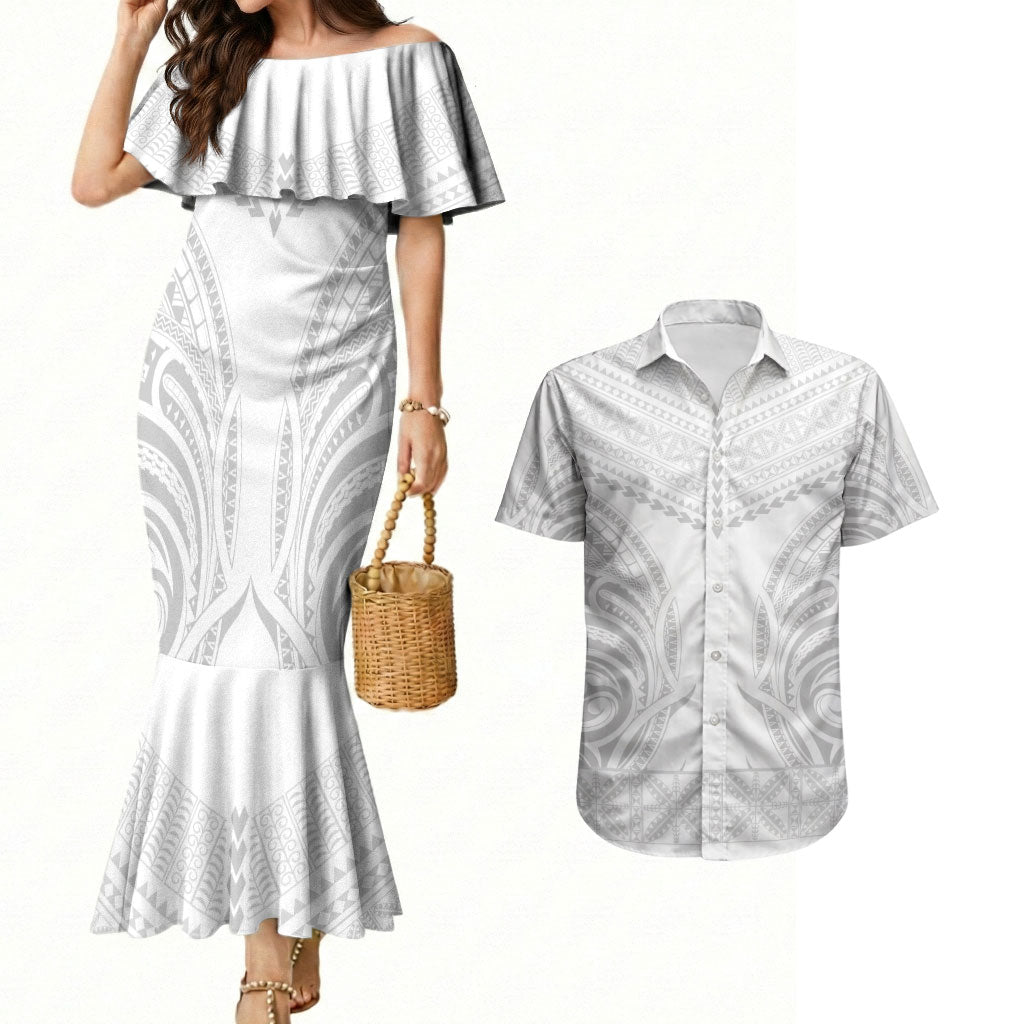 Niue White Sunday Couples Matching Mermaid Dress and Hawaiian Shirt Aho Tapu Fanau Hiapo Pattern LT14 White - Polynesian Pride
