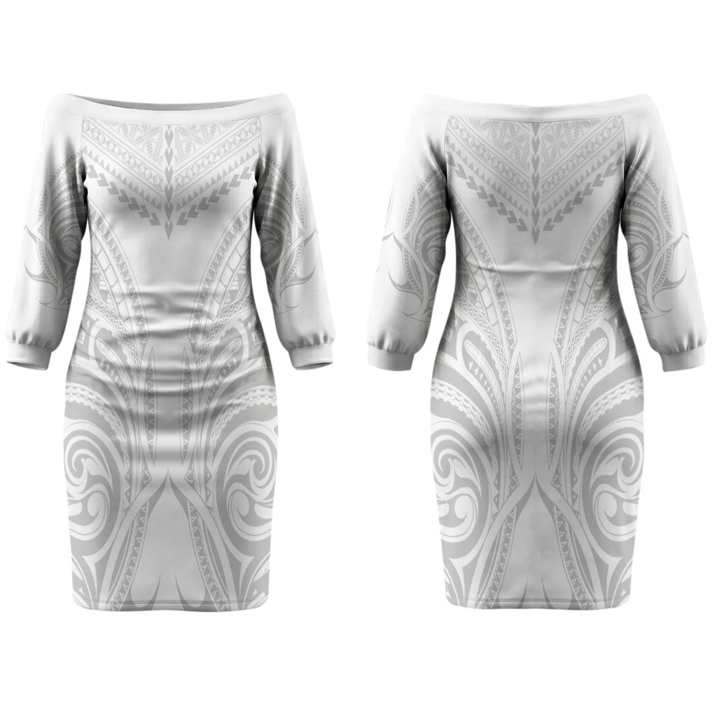 Niue White Sunday Couples Matching Off The Shoulder Long Sleeve Dress and Hawaiian Shirt Aho Tapu Fanau Hiapo Pattern LT14 - Polynesian Pride