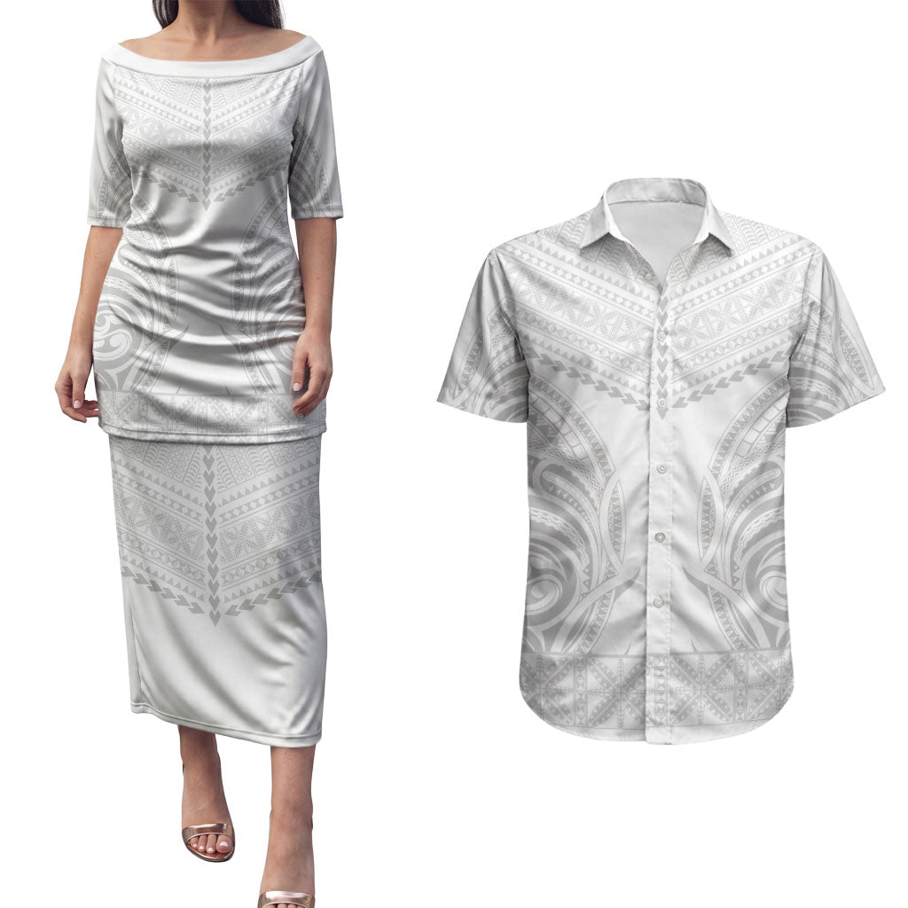Niue White Sunday Couples Matching Puletasi and Hawaiian Shirt Aho Tapu Fanau Hiapo Pattern LT14 White - Polynesian Pride