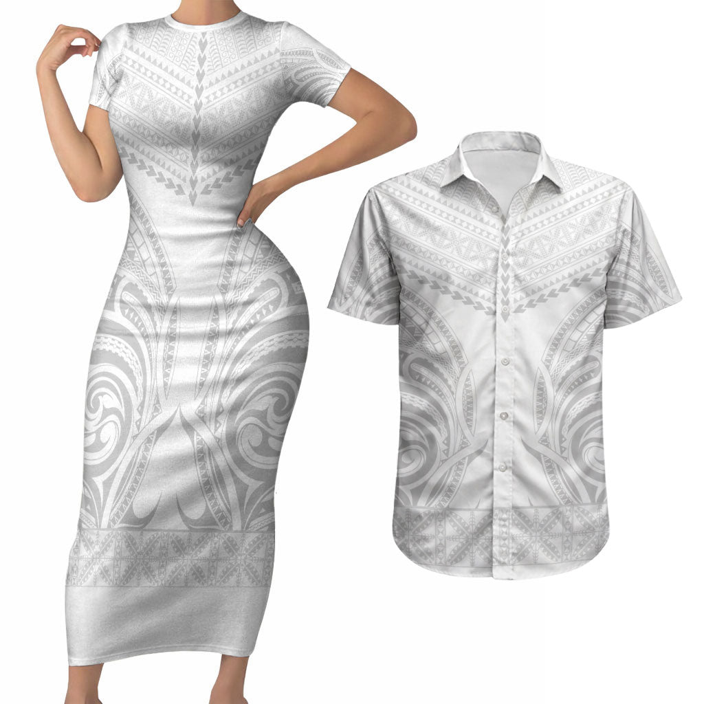 Niue White Sunday Couples Matching Short Sleeve Bodycon Dress and Hawaiian Shirt Aho Tapu Fanau Hiapo Pattern LT14 White - Polynesian Pride