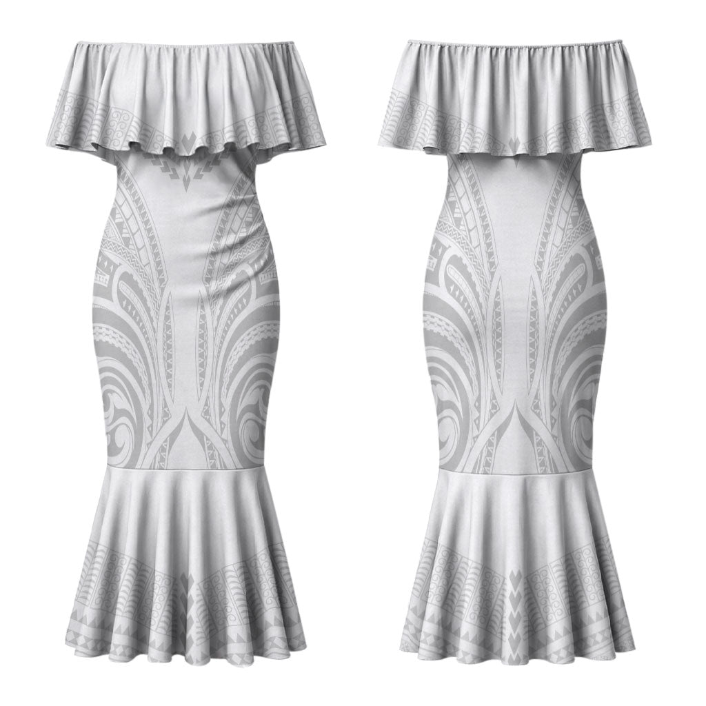Niue White Sunday Family Matching Mermaid Dress and Hawaiian Shirt Aho Tapu Fanau Hiapo Pattern LT14 Mom's Dress White - Polynesian Pride