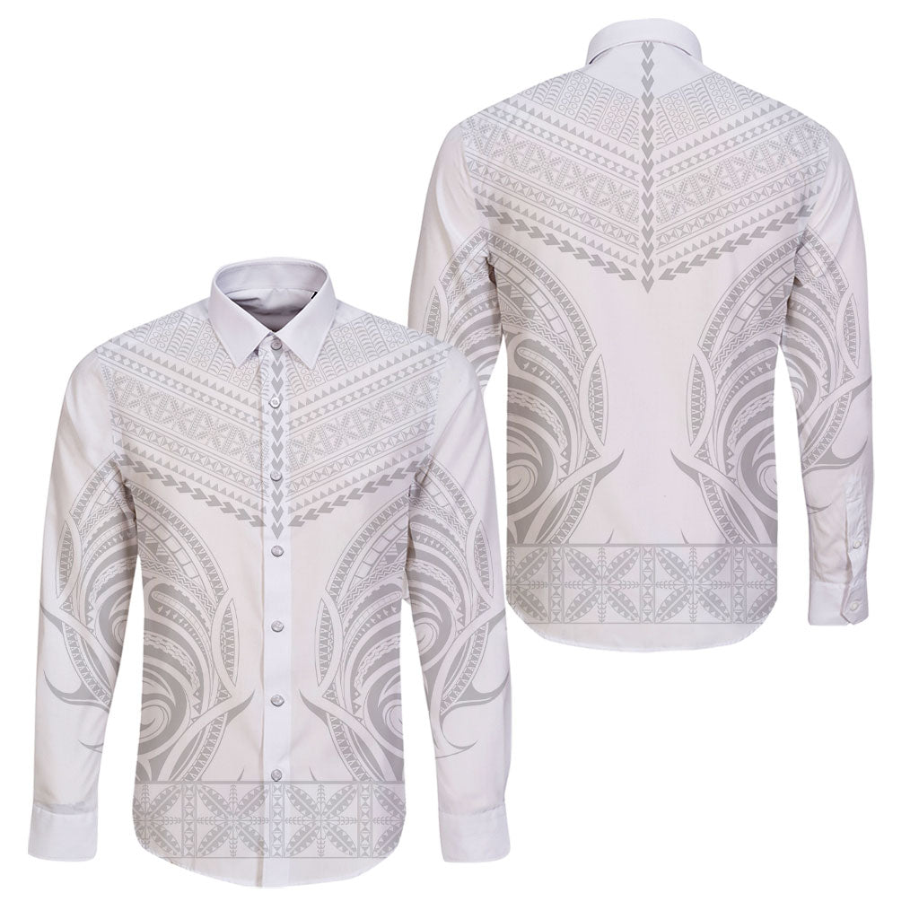 Niue White Sunday Family Matching Mermaid Dress and Hawaiian Shirt Aho Tapu Fanau Hiapo Pattern LT14 Dad's Shirt - Long Sleeve White - Polynesian Pride