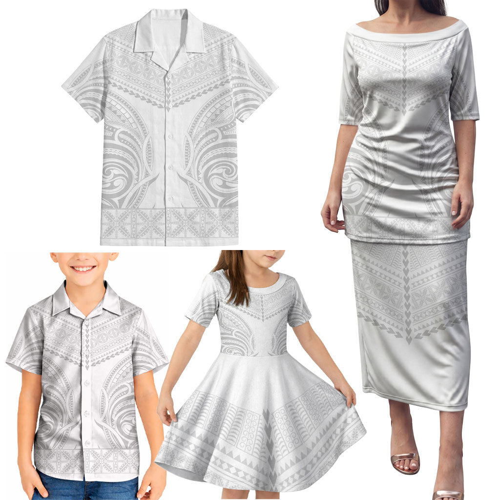 Niue White Sunday Family Matching Puletasi and Hawaiian Shirt Aho Tapu Fanau Hiapo Pattern LT14 - Polynesian Pride