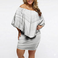 Niue White Sunday Off Shoulder Short Dress Aho Tapu Fanau Hiapo Pattern LT14 Women White - Polynesian Pride
