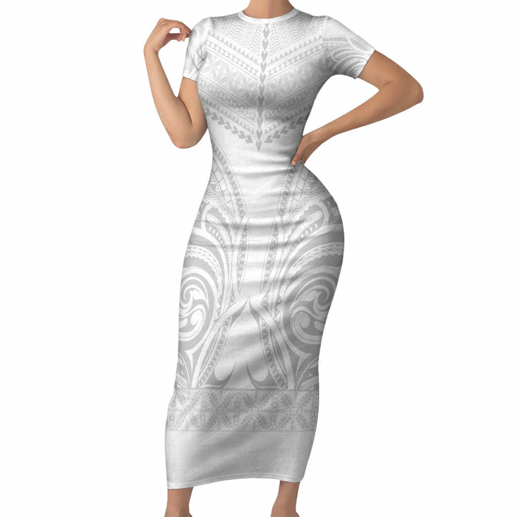 Niue White Sunday Short Sleeve Bodycon Dress Aho Tapu Fanau Hiapo Pattern LT14 Long Dress White - Polynesian Pride