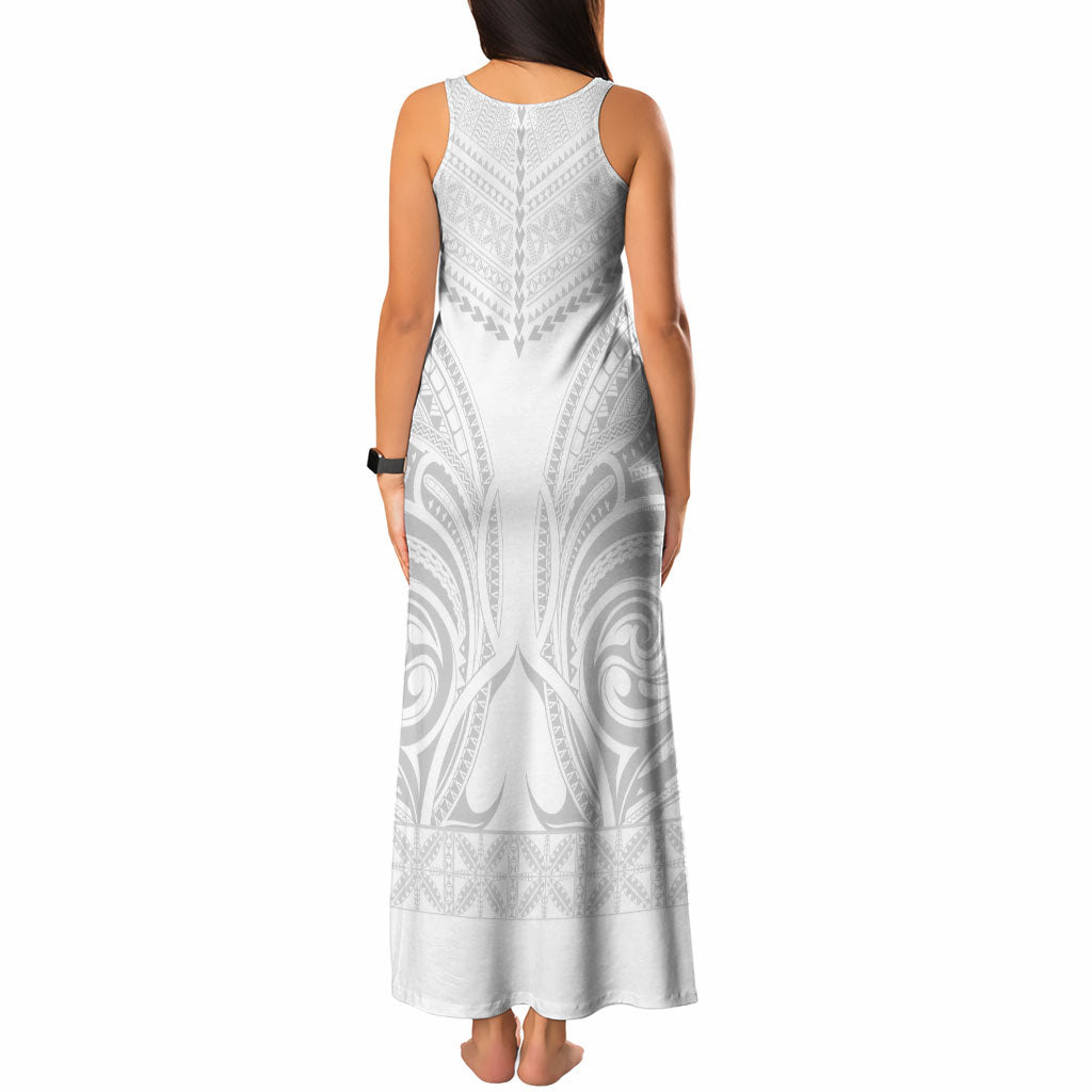 Niue White Sunday Tank Maxi Dress Aho Tapu Fanau Hiapo Pattern LT14 - Polynesian Pride
