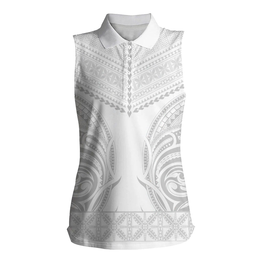 Niue White Sunday Women Sleeveless Polo Shirt Aho Tapu Fanau Hiapo Pattern LT14 Female White - Polynesian Pride