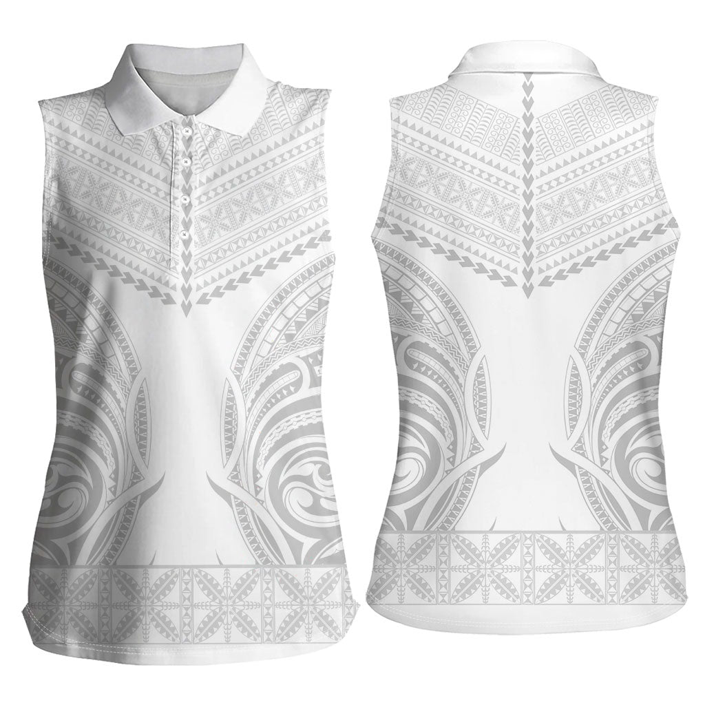 Niue White Sunday Women Sleeveless Polo Shirt Aho Tapu Fanau Hiapo Pattern LT14 - Polynesian Pride