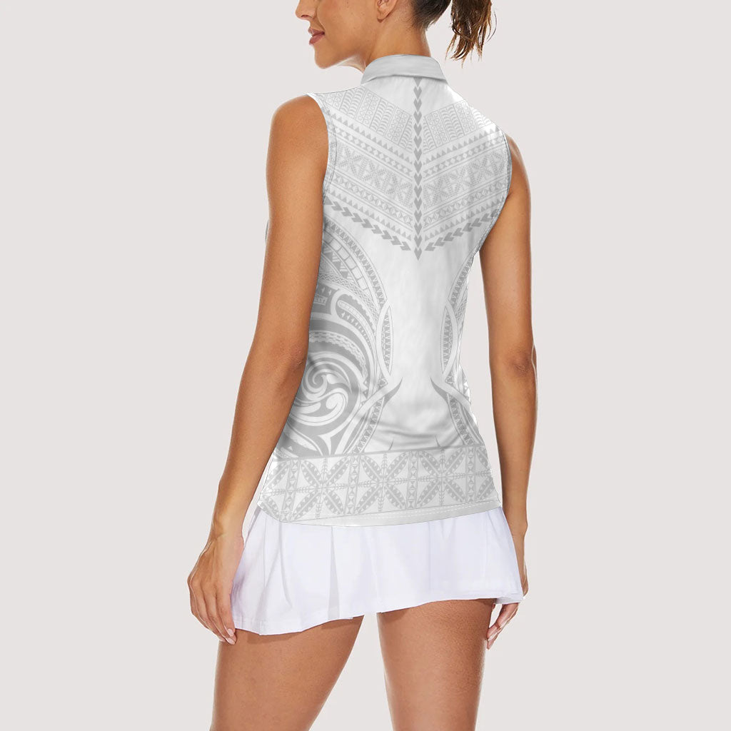 Niue White Sunday Women Sleeveless Polo Shirt Aho Tapu Fanau Hiapo Pattern LT14 - Polynesian Pride