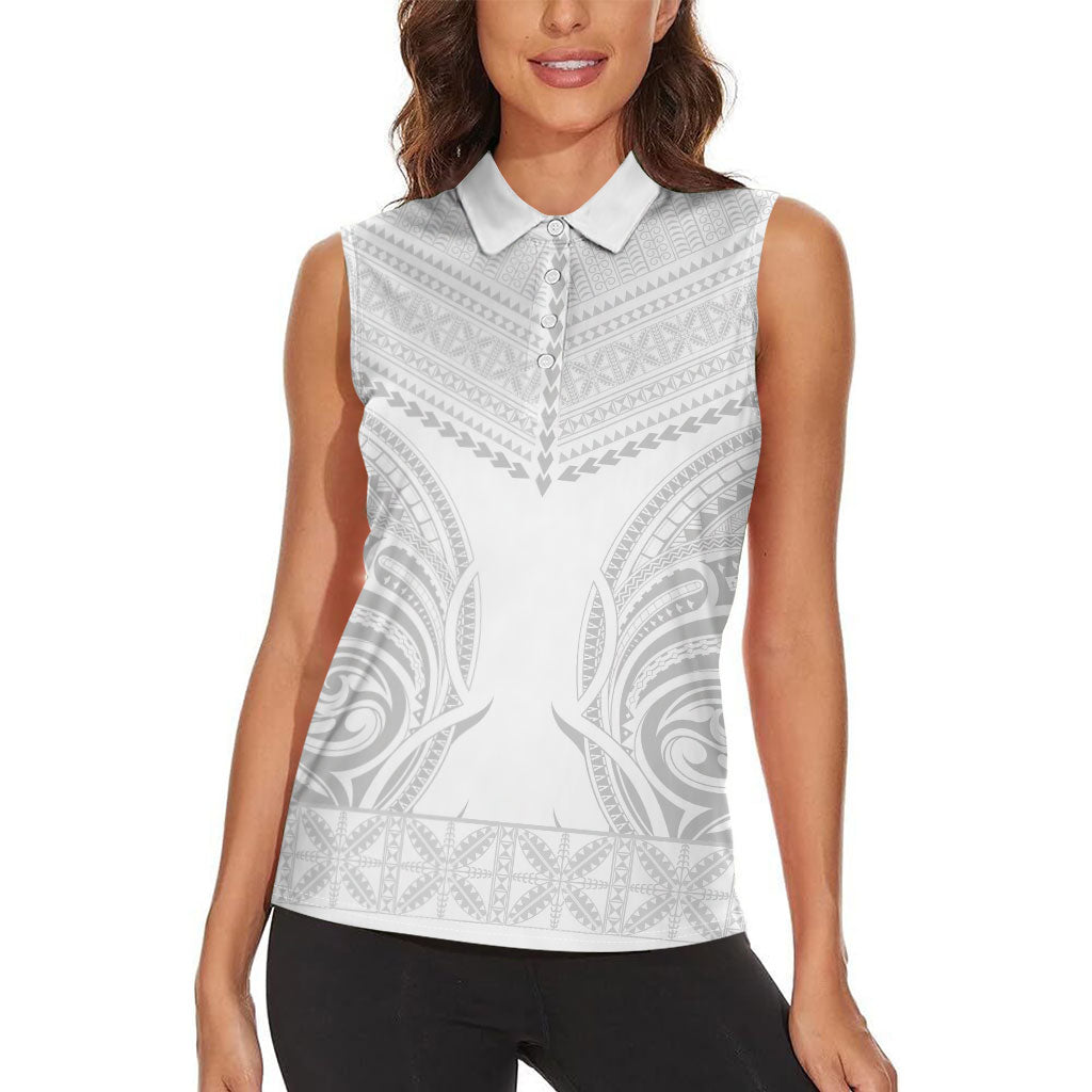 Niue White Sunday Women Sleeveless Polo Shirt Aho Tapu Fanau Hiapo Pattern LT14 - Polynesian Pride