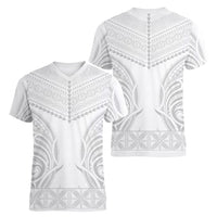Niue White Sunday Women V-Neck T-Shirt Aho Tapu Fanau Hiapo Pattern LT14 - Polynesian Pride