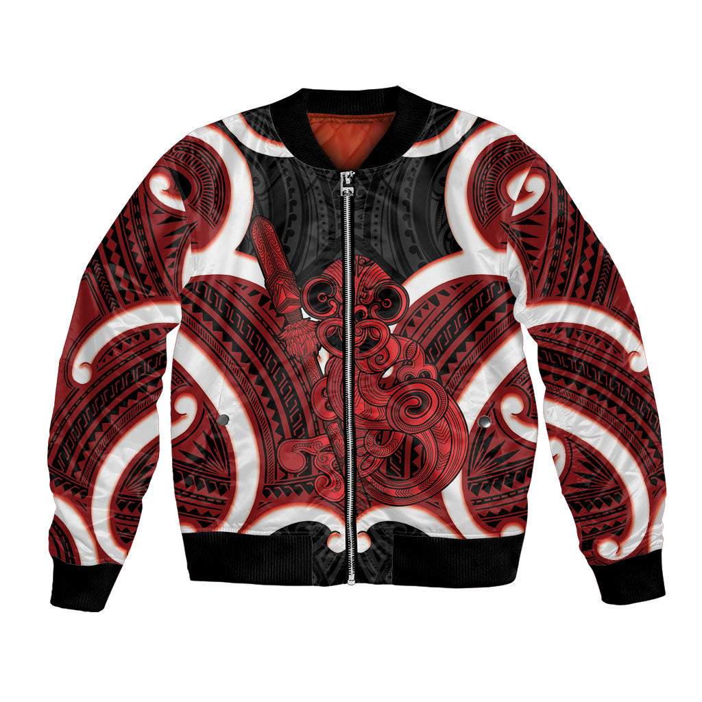 Whero Aotearoa Atua Tumatauenga Personalised Bomber Jacket Maori God Of War Tiki With Taiaha LT14 Unisex Red - Polynesian Pride