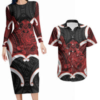 Whero Aotearoa Atua Tumatauenga Personalised Couples Matching Long Sleeve Bodycon Dress and Hawaiian Shirt Maori God Of War Tiki With Taiaha LT14 Red - Polynesian Pride