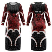 Whero Aotearoa Atua Tumatauenga Personalised Couples Matching Long Sleeve Bodycon Dress and Hawaiian Shirt Maori God Of War Tiki With Taiaha LT14 - Polynesian Pride