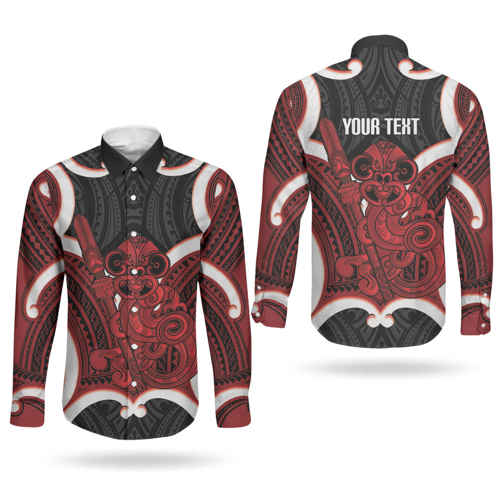 Whero Aotearoa Atua Tumatauenga Personalised Couples Matching Long Sleeve Bodycon Dress and Long Sleeve Button Shirt Maori God Of War Tiki With Taiaha LT14 - Polynesian Pride