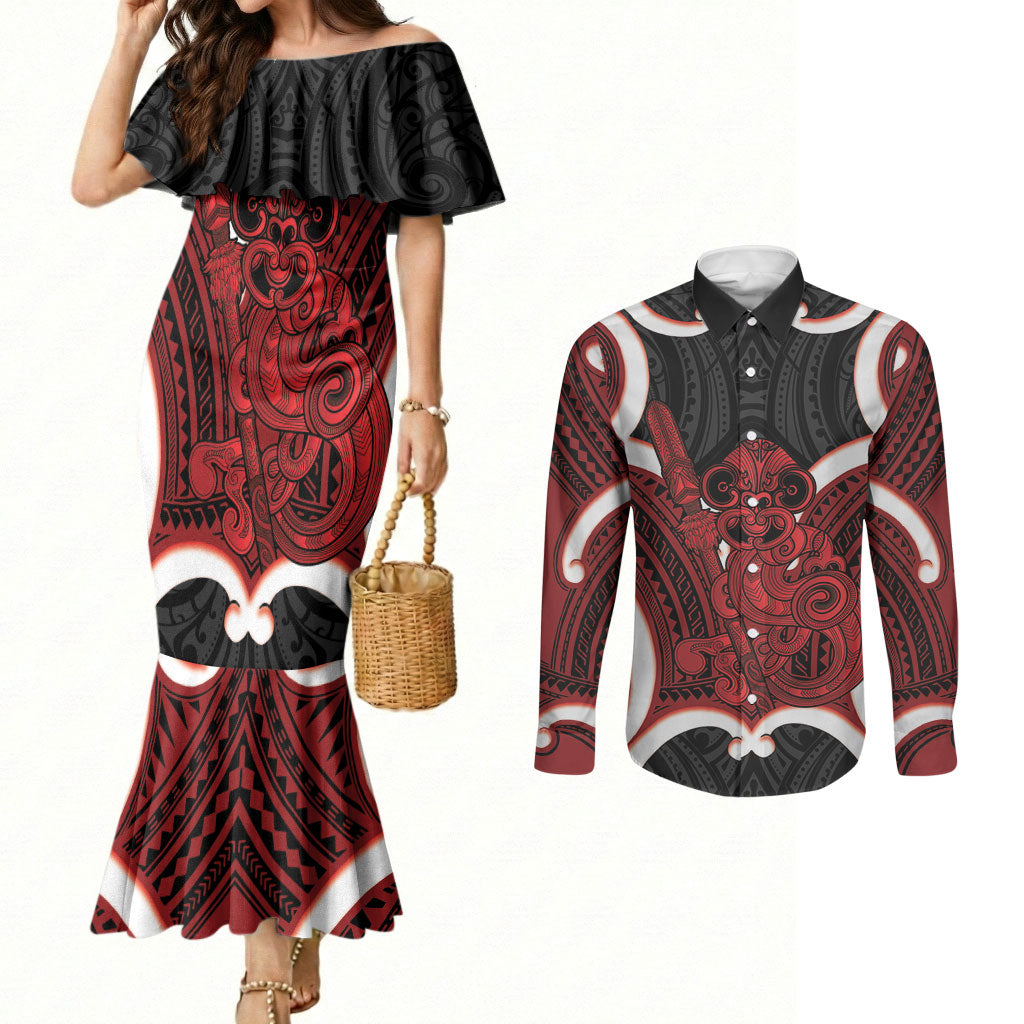 Whero Aotearoa Atua Tumatauenga Personalised Couples Matching Mermaid Dress and Long Sleeve Button Shirt Maori God Of War Tiki With Taiaha LT14 Red - Polynesian Pride