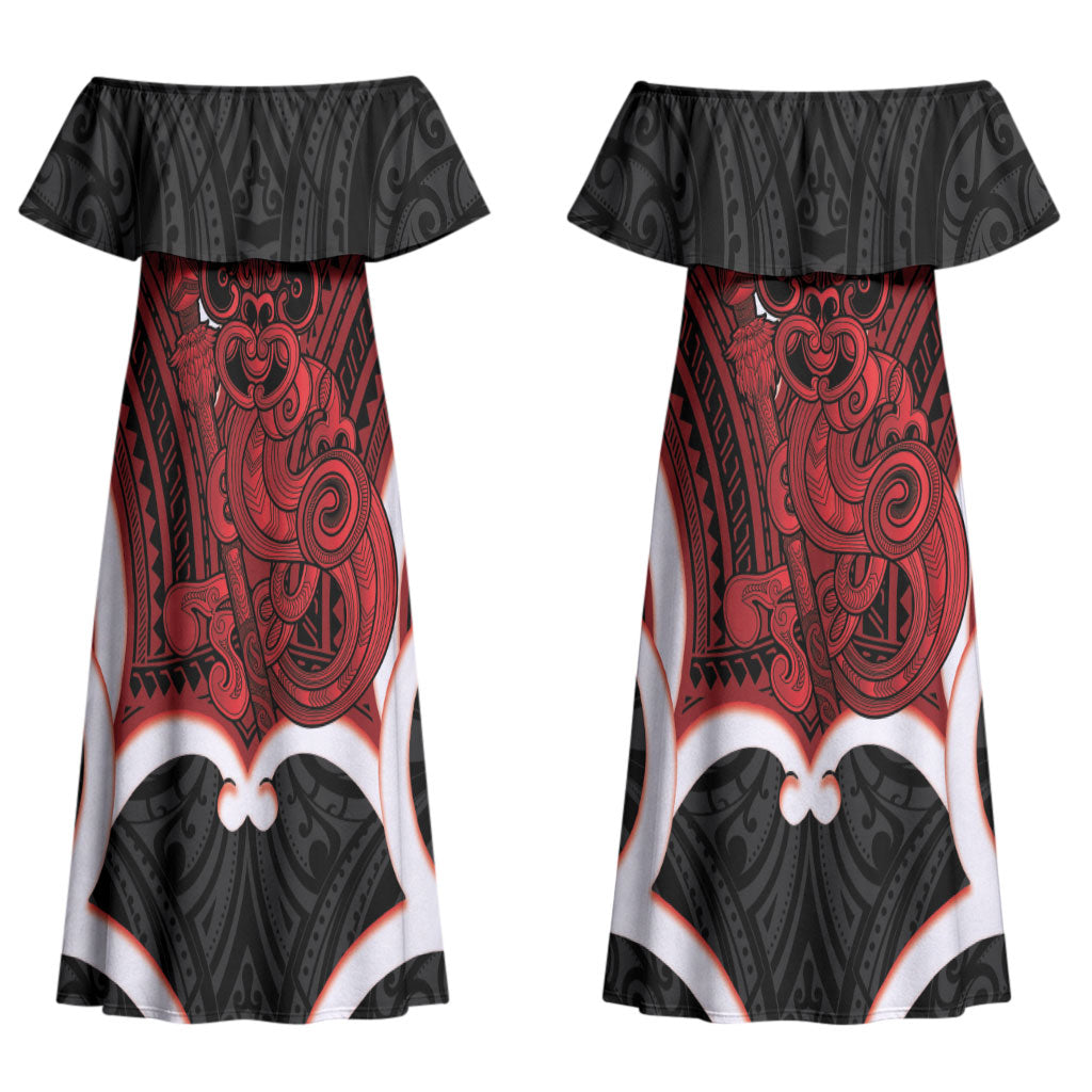Whero Aotearoa Atua Tumatauenga Personalised Couples Matching Off Shoulder Maxi Dress and Hawaiian Shirt Maori God Of War Tiki With Taiaha LT14 - Polynesian Pride