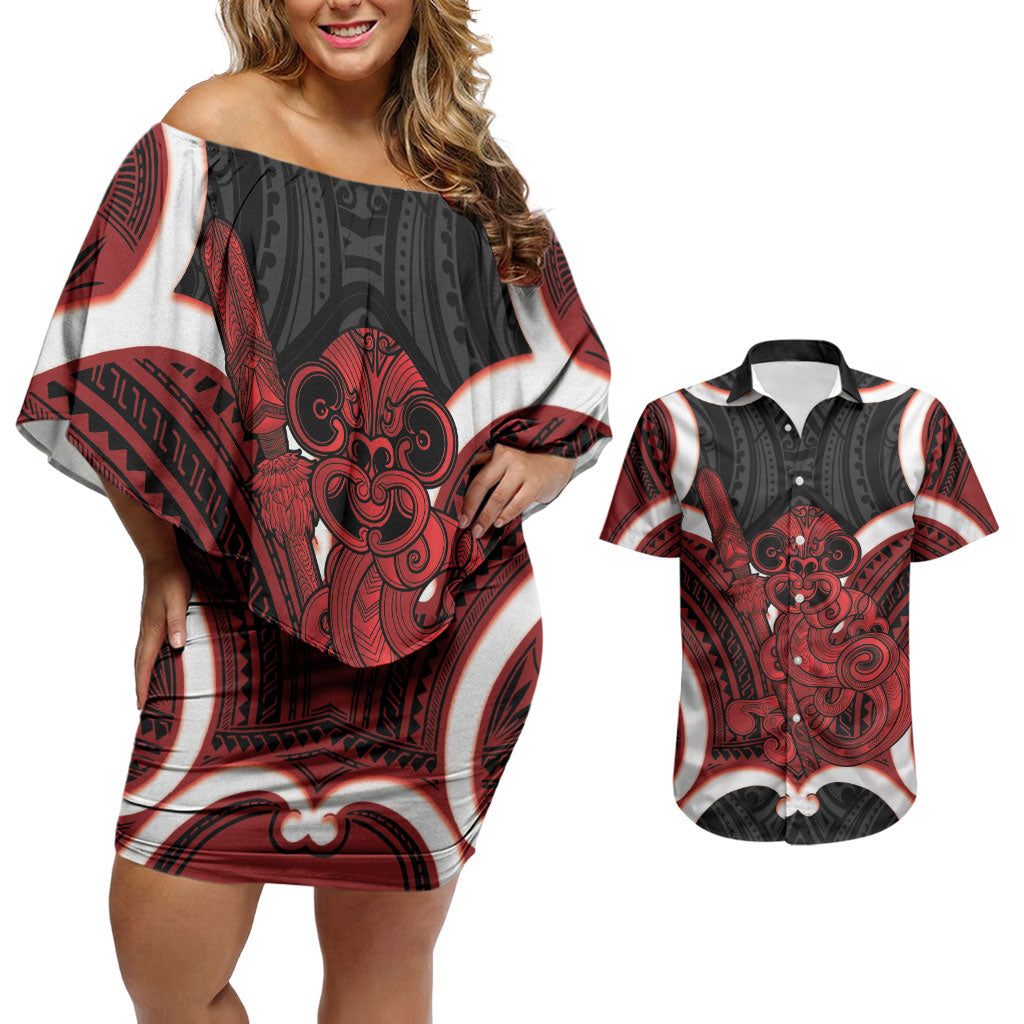 Whero Aotearoa Atua Tumatauenga Personalised Couples Matching Off Shoulder Short Dress and Hawaiian Shirt Maori God Of War Tiki With Taiaha LT14 Red - Polynesian Pride