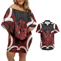 Whero Aotearoa Atua Tumatauenga Personalised Couples Matching Off Shoulder Short Dress and Hawaiian Shirt Maori God Of War Tiki With Taiaha LT14 Red - Polynesian Pride