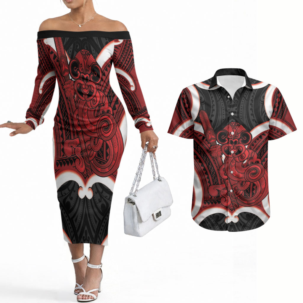 Whero Aotearoa Atua Tumatauenga Personalised Couples Matching Off The Shoulder Long Sleeve Dress and Hawaiian Shirt Maori God Of War Tiki With Taiaha LT14 Red - Polynesian Pride