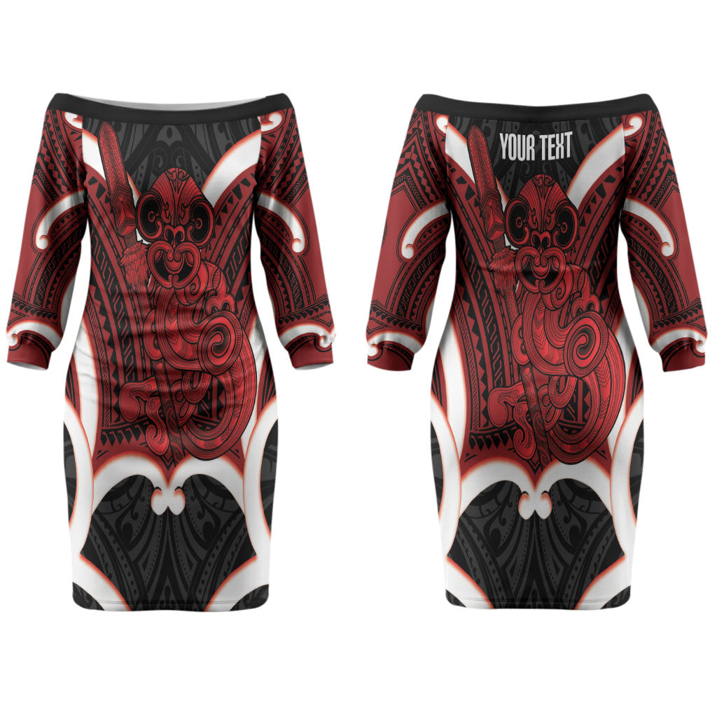 Whero Aotearoa Atua Tumatauenga Personalised Couples Matching Off The Shoulder Long Sleeve Dress and Long Sleeve Button Shirt Maori God Of War Tiki With Taiaha LT14 - Polynesian Pride