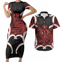 Whero Aotearoa Atua Tumatauenga Personalised Couples Matching Short Sleeve Bodycon Dress and Hawaiian Shirt Maori God Of War Tiki With Taiaha LT14 Red - Polynesian Pride