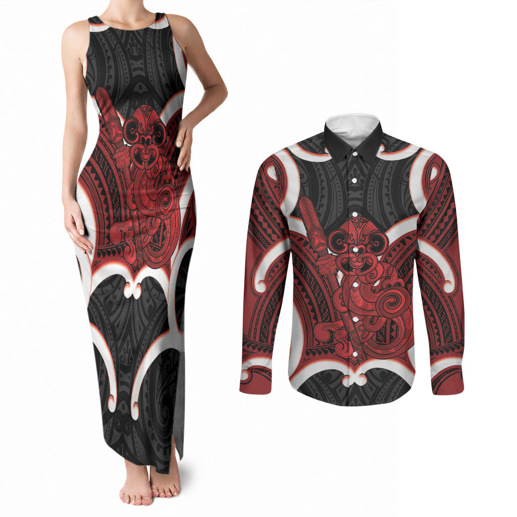 Whero Aotearoa Atua Tumatauenga Personalised Couples Matching Tank Maxi Dress and Long Sleeve Button Shirt Maori God Of War Tiki With Taiaha LT14 Red - Polynesian Pride