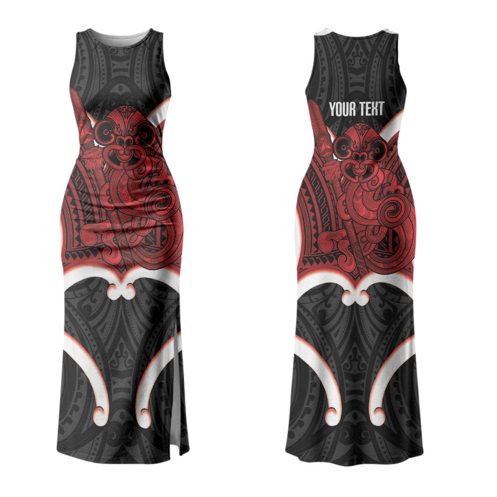 Whero Aotearoa Atua Tumatauenga Personalised Couples Matching Tank Maxi Dress and Long Sleeve Button Shirt Maori God Of War Tiki With Taiaha LT14 - Polynesian Pride