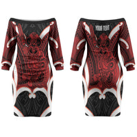Whero Aotearoa Atua Tumatauenga Personalised Family Matching Off The Shoulder Long Sleeve Dress and Hawaiian Shirt Maori God Of War Tiki With Taiaha LT14 Mom's Dress Red - Polynesian Pride