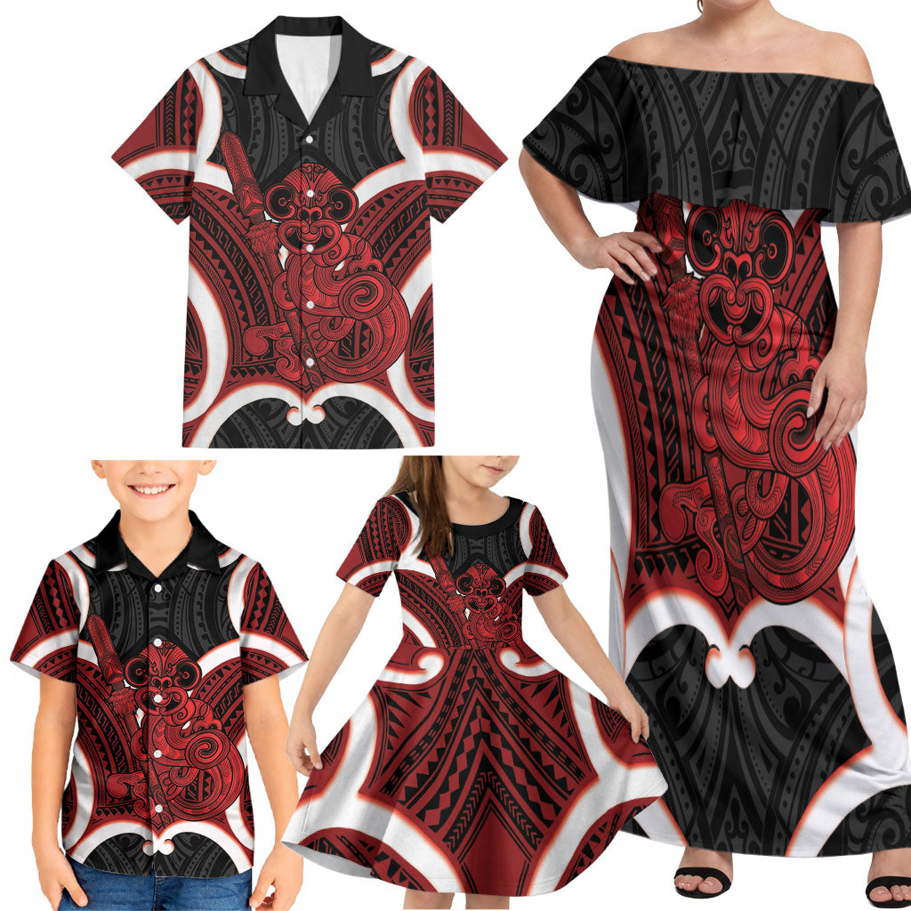 Whero Aotearoa Atua Tumatauenga Personalised Family Matching Off Shoulder Maxi Dress and Hawaiian Shirt Maori God Of War Tiki With Taiaha LT14 - Polynesian Pride