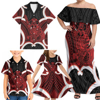 Whero Aotearoa Atua Tumatauenga Personalised Family Matching Off Shoulder Maxi Dress and Hawaiian Shirt Maori God Of War Tiki With Taiaha LT14 - Polynesian Pride