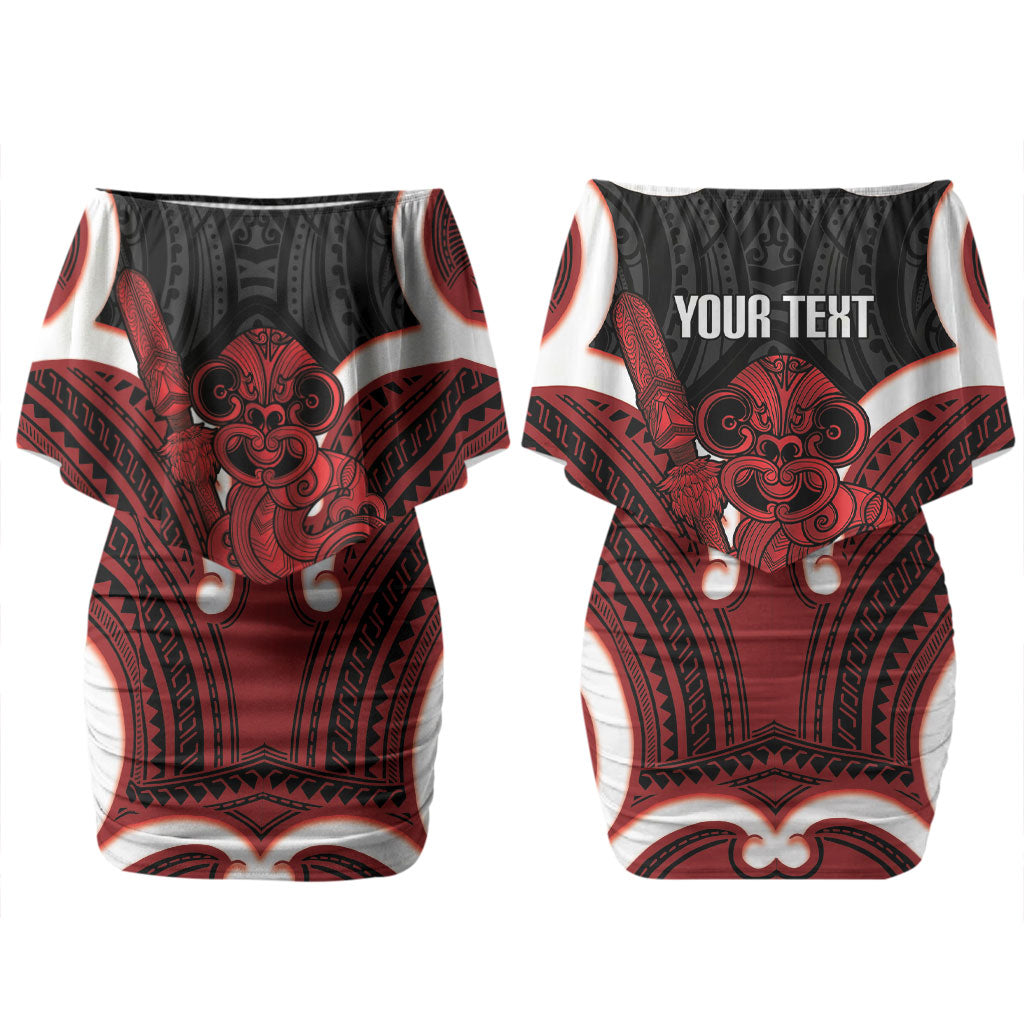 Whero Aotearoa Atua Tumatauenga Personalised Family Matching Off Shoulder Short Dress and Hawaiian Shirt Maori God Of War Tiki With Taiaha LT14 Mom's Dress Red - Polynesian Pride