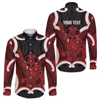 Whero Aotearoa Atua Tumatauenga Personalised Family Matching Off Shoulder Short Dress and Hawaiian Shirt Maori God Of War Tiki With Taiaha LT14 Dad's Shirt - Long Sleeve Red - Polynesian Pride