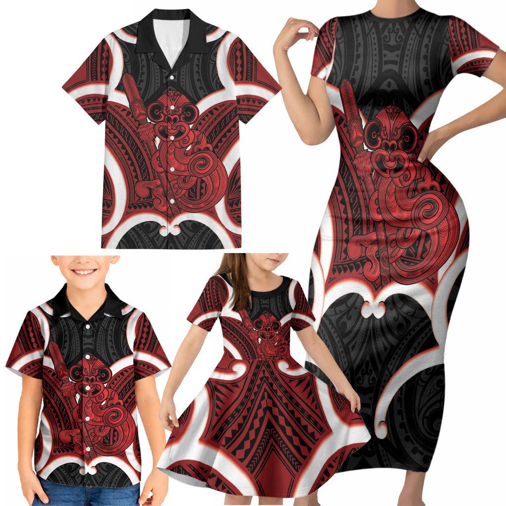 Whero Aotearoa Atua Tumatauenga Personalised Family Matching Short Sleeve Bodycon Dress and Hawaiian Shirt Maori God Of War Tiki With Taiaha LT14 - Polynesian Pride