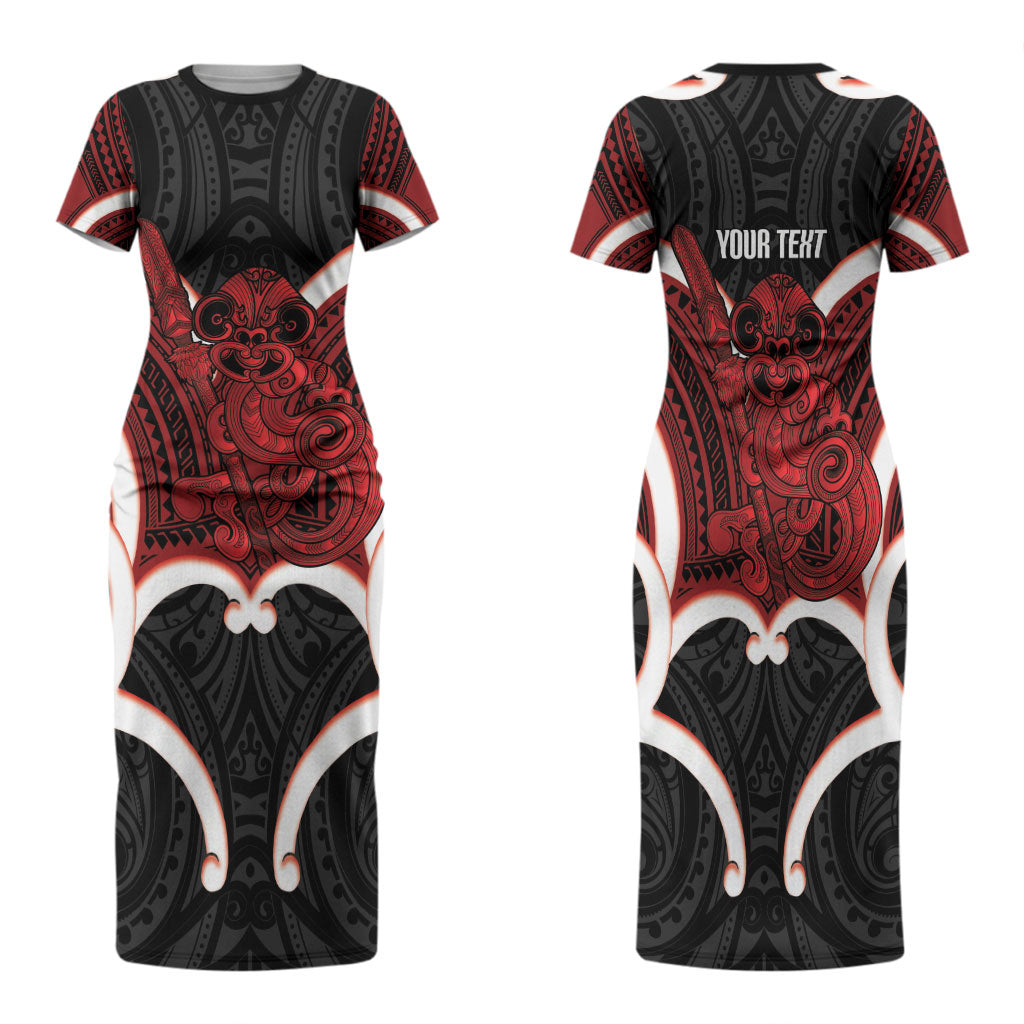 Whero Aotearoa Atua Tumatauenga Personalised Family Matching Short Sleeve Bodycon Dress and Hawaiian Shirt Maori God Of War Tiki With Taiaha LT14 Mom's Dress Red - Polynesian Pride